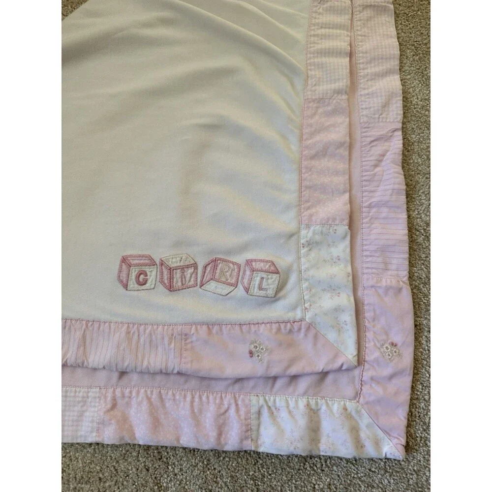 Vintage 2002 Gymboree Baby Girl Blanket Pink White Patchwork Embroidered Blocks